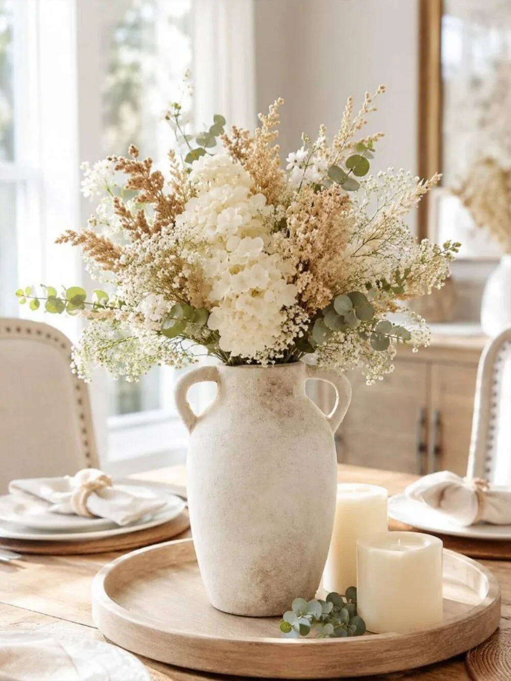 Rustic 9.8-Inch Beige Ceramic Vase with Handles - Farmhouse Decor Accent